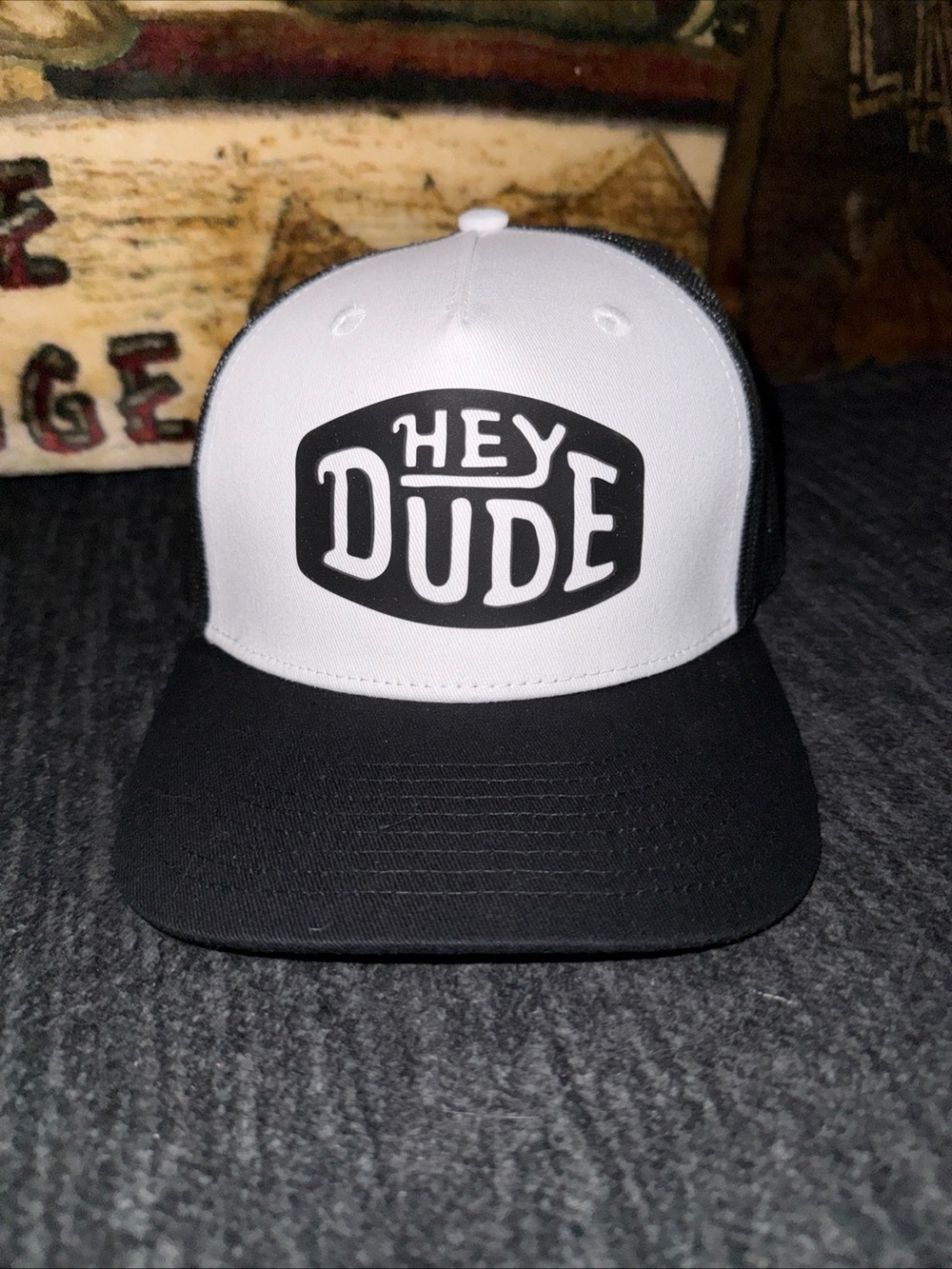 NWT Hey Dude Classic Trucker Hat Black White Mesh Snapback Cap Rubber Logo New